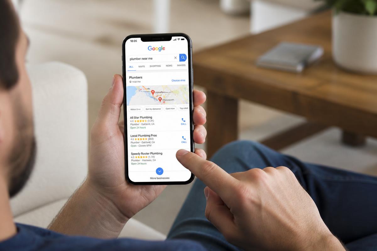 Homeowner searching Google for a plumber near me and comparing star ratings of local plumbing companies